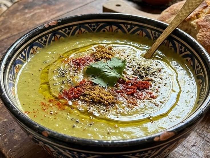 Bowl of Moroccan bissara fava bean soup with olive oil, cumin and paprika