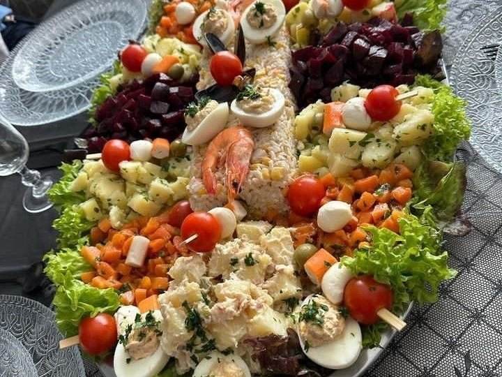 Colorful Moroccan salad platter with vegetables, eggs and shrimp